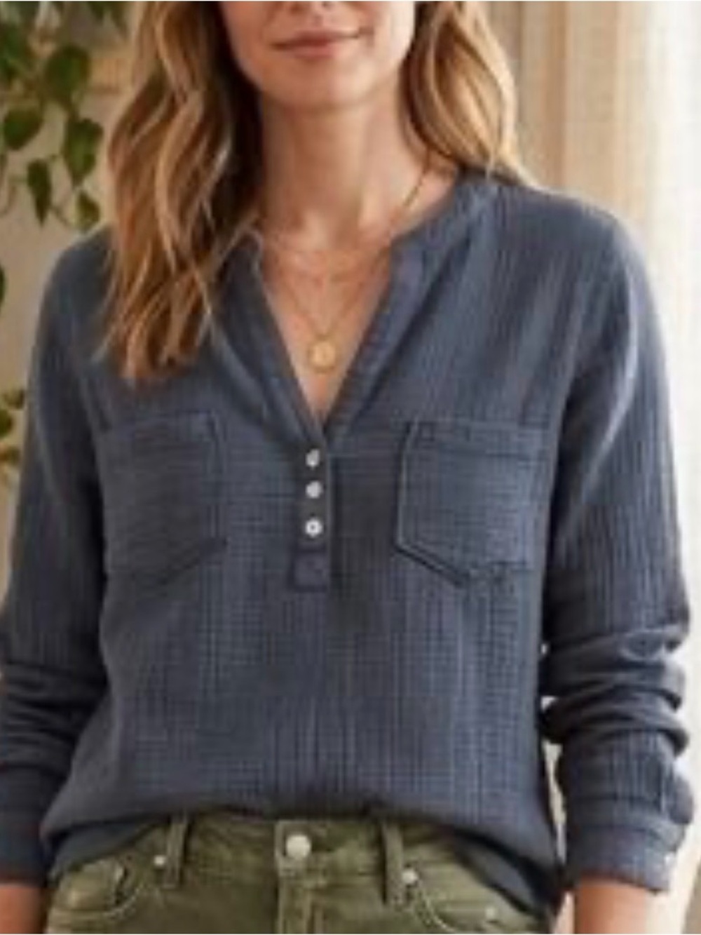 Mote Cotton Gauze Henley Long Sleeve Top Slate Blue Oversized Popover Casual